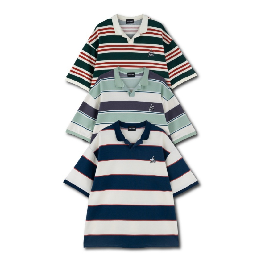 URTHE - เสื้อโปโล แขนสั้น OVERSIZE ลายทาง รุ่น ST POLO
