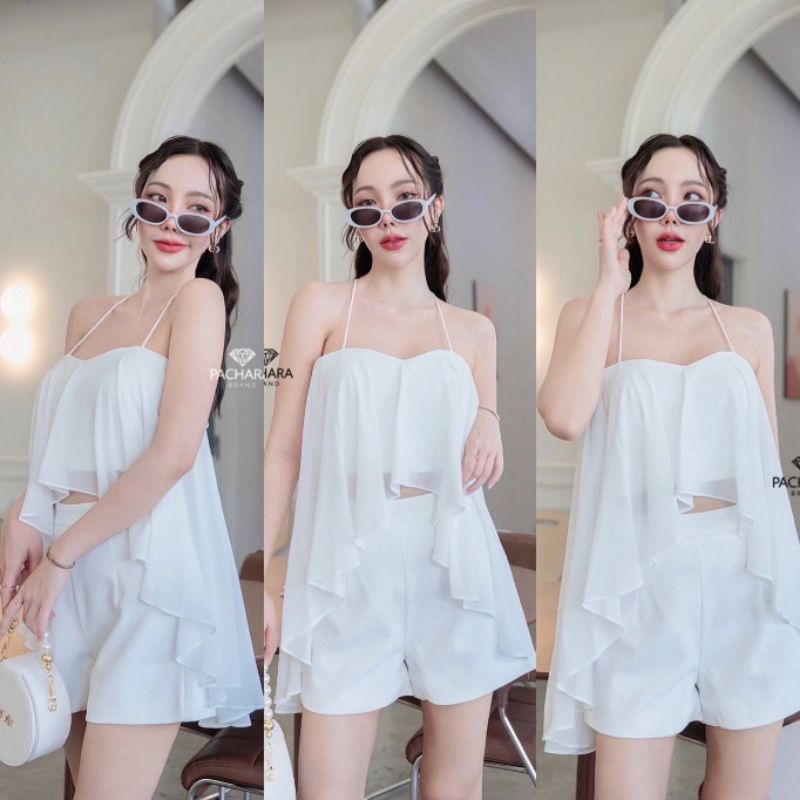 เซ็ต 2 ชิ้น เสื้อครอปสายเดี่ยวสีขาว(00612SA)