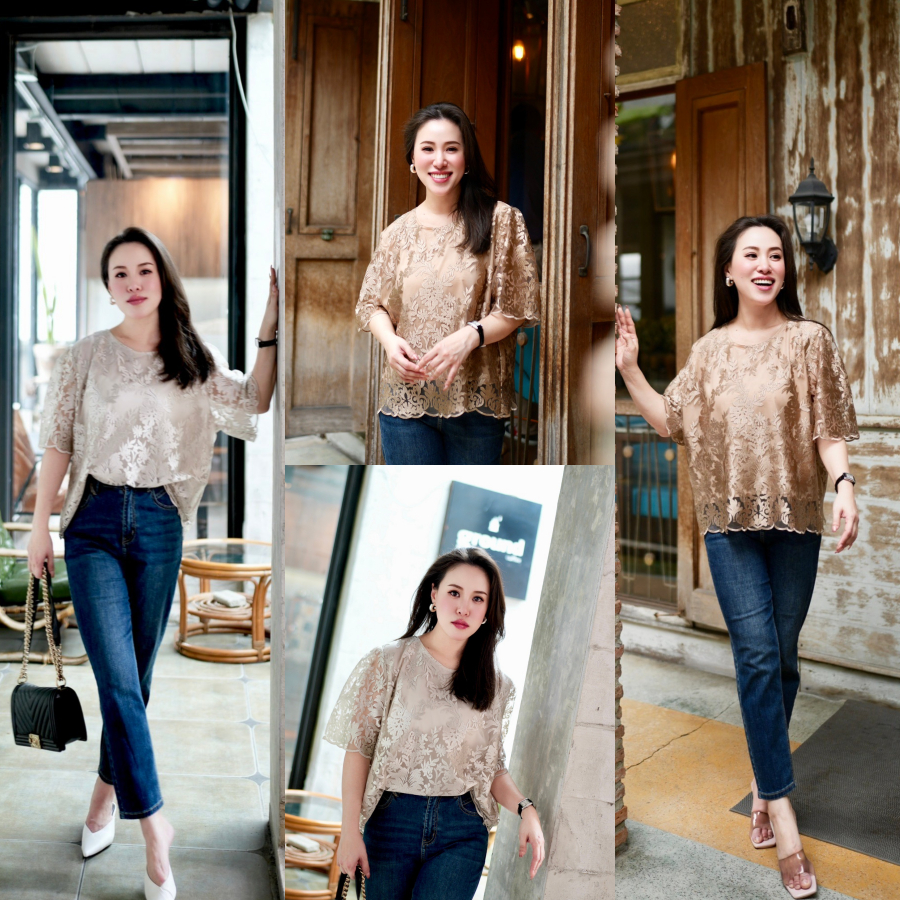 Lynlalin เสื้อลูกไม้ซีทรู งานผ้าซาตินเกรดพรีเมี่ยม ลายผ้าเรียบหรูดูมีมิติ ใส่ออกงาน หรืองานบุญ รุ่น สบันงา