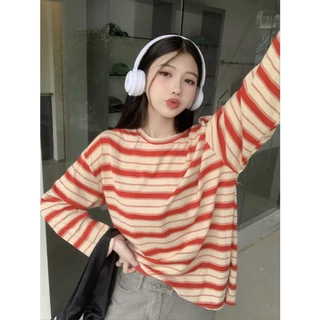 FASHION.61💗 เสื้อยืดเเขนยาว ลายริ้ว ทรงหลวม เนื้อผ้าดีผ้ายืด ไม่ร้อน รุ่นW6916