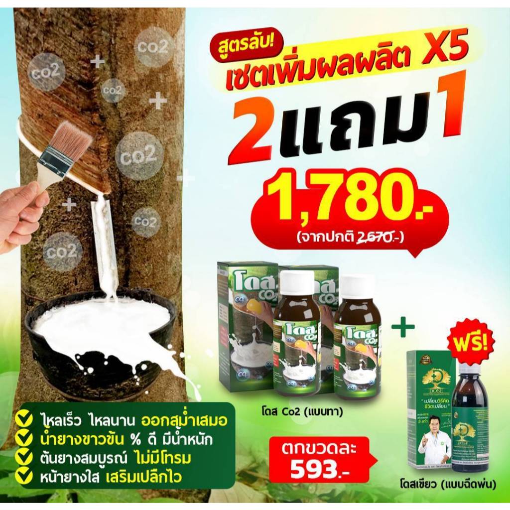 โดส Co2 (ซีโอทู) ทาหน้ายาง 2 แถม 1 Dose เพิ่มผลผลิต พิชิตเชื้อรา แก้ปัญหาตายนึ่ง