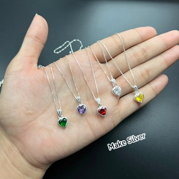 สร้อยคอเงินแท้92.5%สไตล์มินิมอลพร้อมจี้พลอย จากประเทศอิตาลี แถมฟรีน้ำยาล้างเงิน30ml : MaKe Silver
