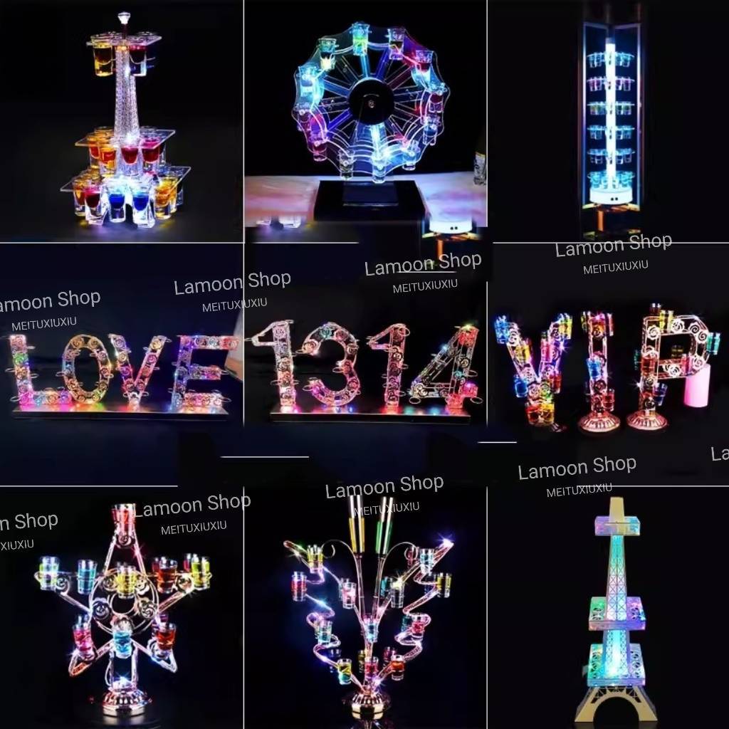 🔥ชุดอะคริลิค  Creative Bullet ที่วางแก้วหมุนชั้นวางไวน์ชิงช้าสวรรค์ LED อะคริลิคเรืองแสงสีสันสดใส