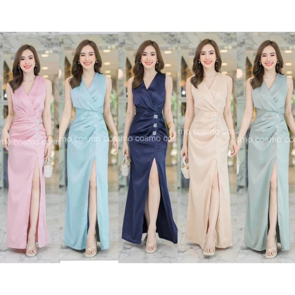 เดรสยาว ออกงาน ใส่งานเลี้ยง งานหมั้น งานแต่ง เพื่อนเจ้าสาว ผ้าซาร่าแต่งป้ายหน้า ผ่าหน้า แต่งอะไหล่สีเงิน หรูหรา