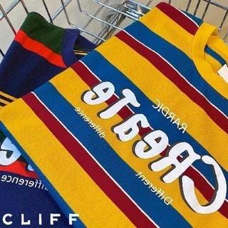 CLIFF -COD✅เสื้อยืดผู้ชาย ขอบลายสี คอกลมแขนสั้น ชุดคู่รัก แมทช์ลุคง่าย แบบหลวม ลำลอง