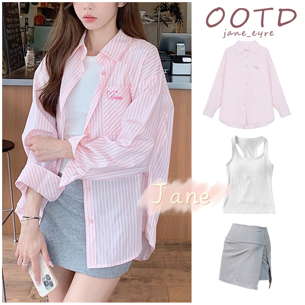 เสื้อเชิ้ตแขนยาวทรงหลวมลำลองดีไซน์เรียบง่ายด้านบนเสื้อเชิ้ตลายปัก JN