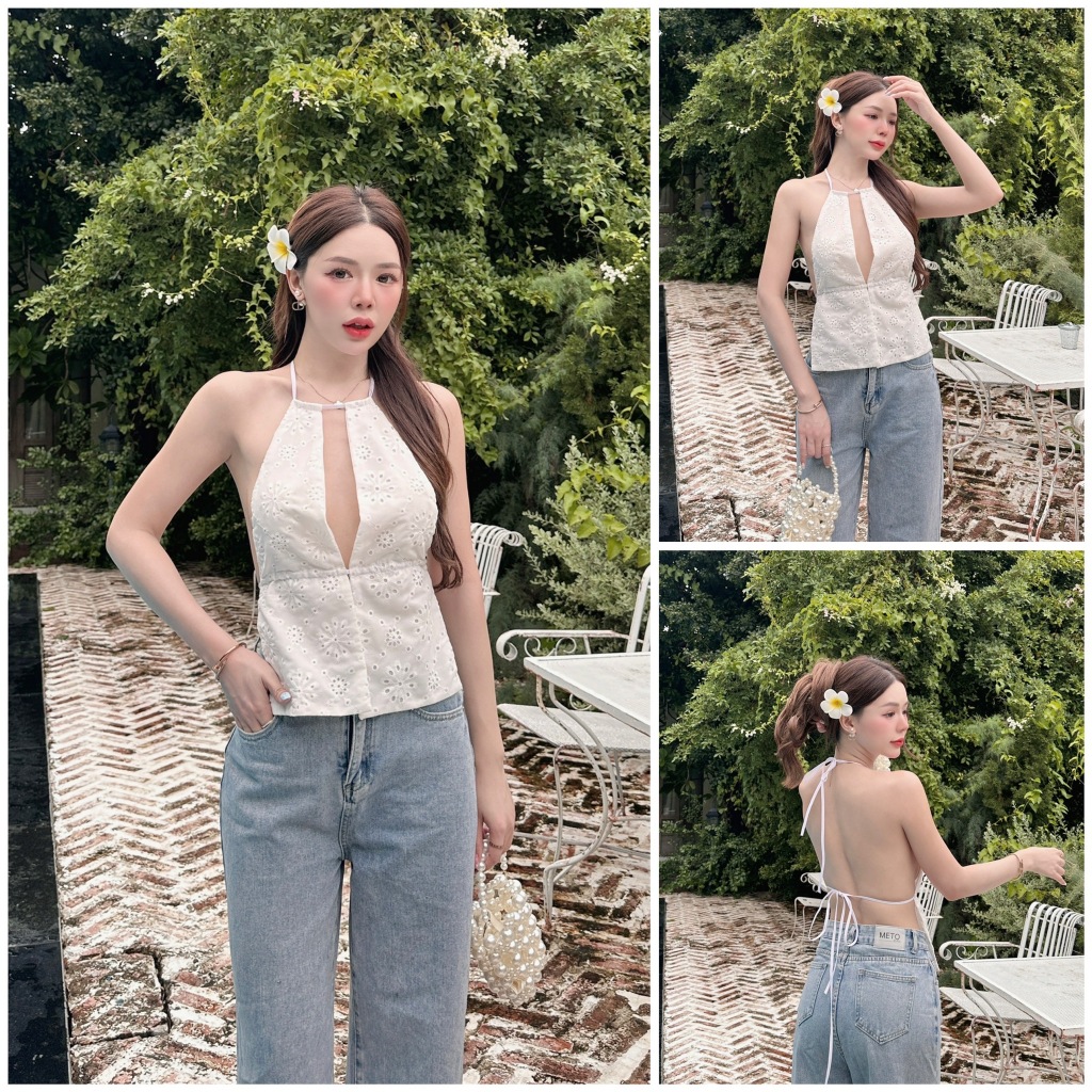 NORA CROPS เสื้อครอปบราผ้าลูกไม้ฉลุ สามารถปรับความชิดช่วงอกได้ ตัวไหล่เป็นแบบผูกคอ ส่วนด้า