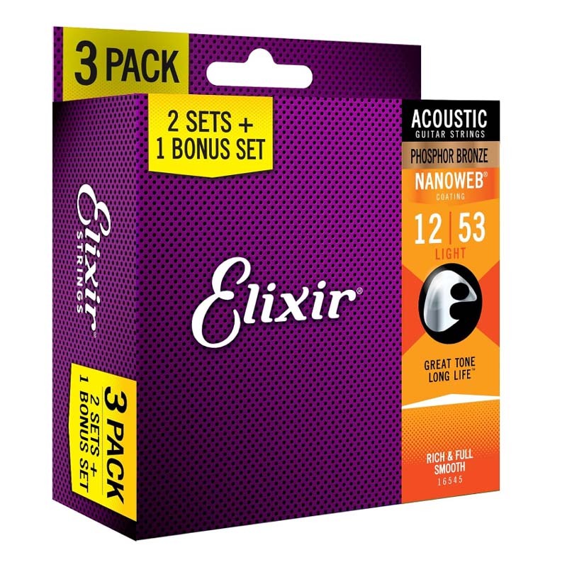สายกีตาร์โปร่ง Elixir Strings 16545/16538 พร้อมเคลือบ NANOWEB แบบเบา/แบบสั่งทำพิเศษ แพ็ค 3 เส้น