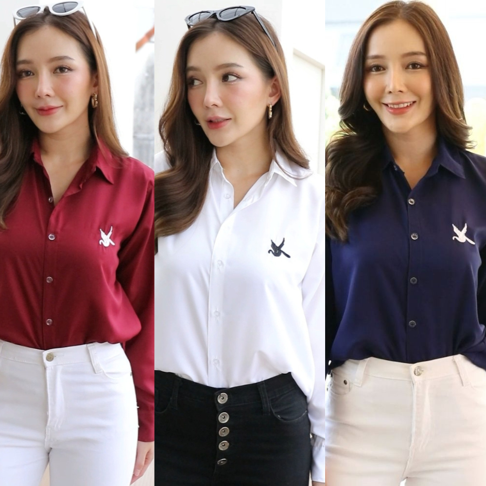 เสื้อเชิ้ตคอปก แขนยาว เสื้อเชิ้ตคอปกปัก เสื้อทำงานผู้หญิง ผ้าไหมอิตาลี นุ่ม พริ้ว ใส่สบาย รูปสินค้าจริง