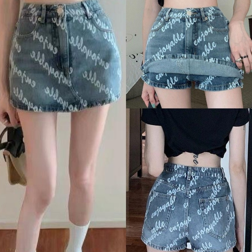 5016กางเกงกระโปรงยีนส์สั้น มีไซส์ xs-s-m-l-xl-2xl-3xl-4xl-5xl เข้ารูป ผ้าไม่ยึด ดีไซน์สกรีนลายทั้งตัว สวยเท่สไตล์เกาหลี