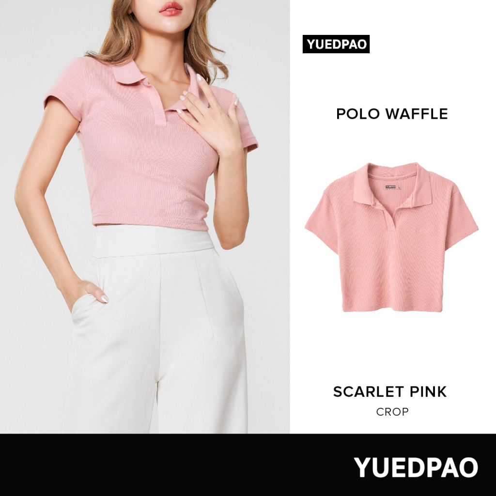 Yuedpao Polo Crop Waffle ผ้าหนาทรงสวย ยับยากรีดง่าย เสื้อยืดเปล่า เสื้อครอปโปโล สี Scarlet Pink