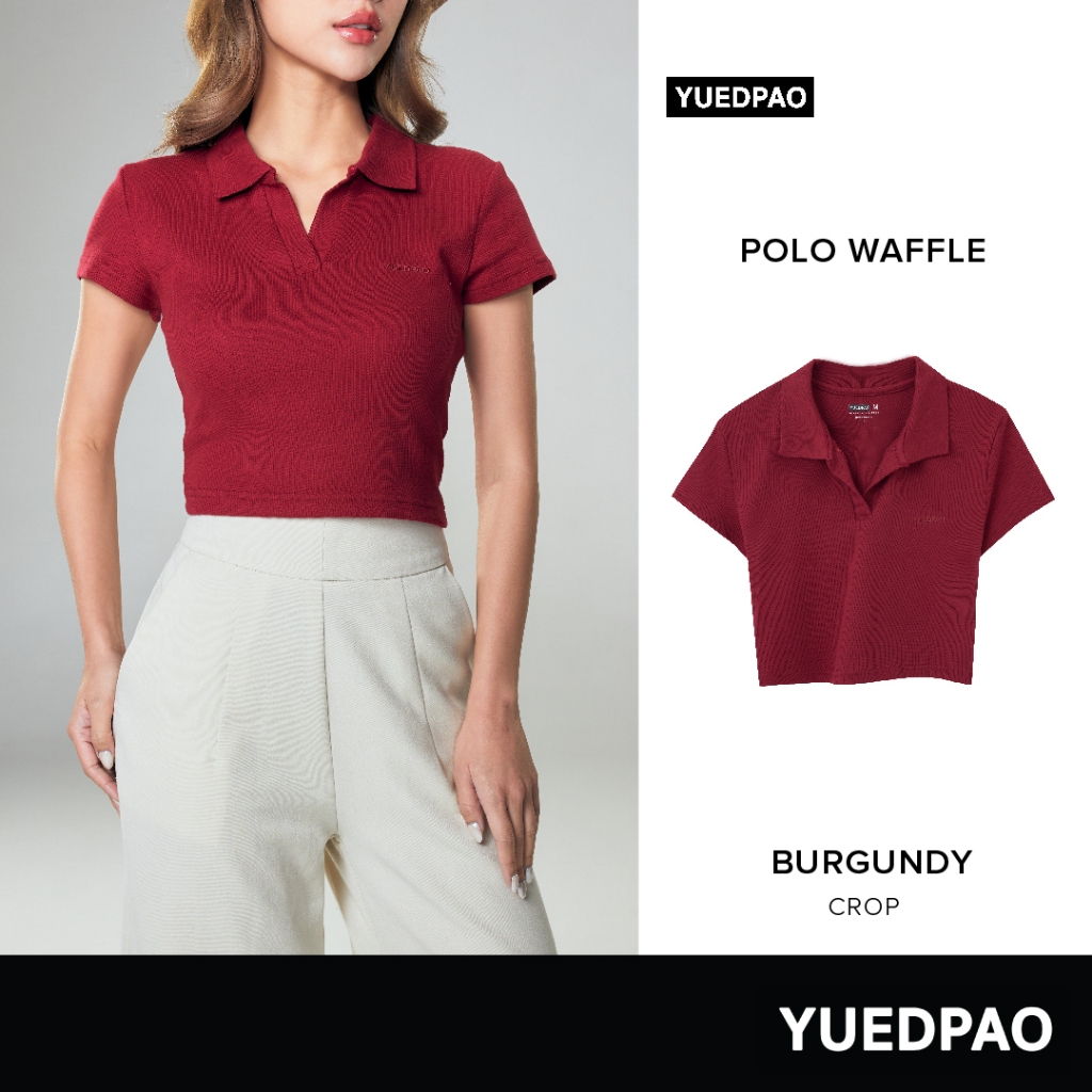 Yuedpao Polo Crop Waffle ผ้าหนาทรงสวย ยับยากรีดง่าย เสื้อยืดเปล่า เสื้อครอปโปโล สี Burgundy