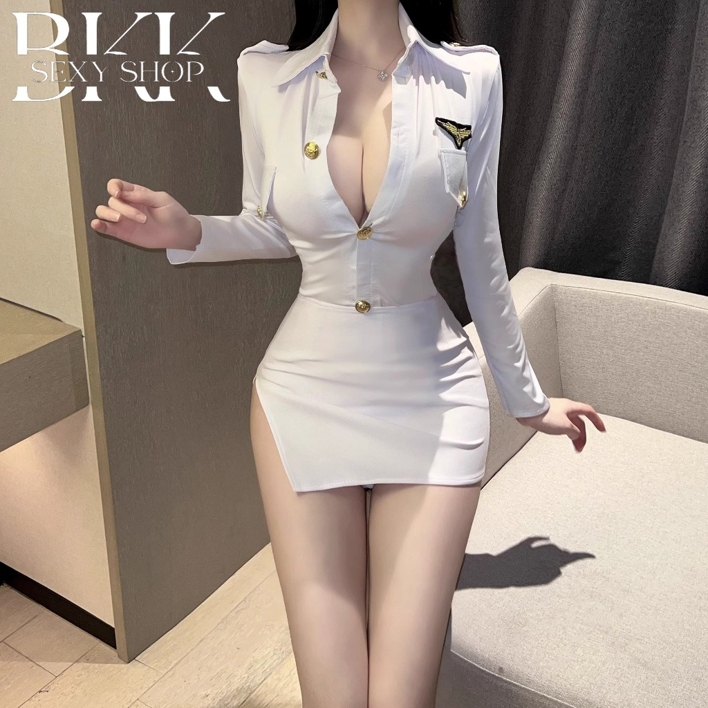BKK SEXY ชุดตำรวจหญิง ชุดคอสเพลย์เซ็ท ชุดรัดรูป แขนยาว กระโปรงรัดรูปทรงเอ B-858