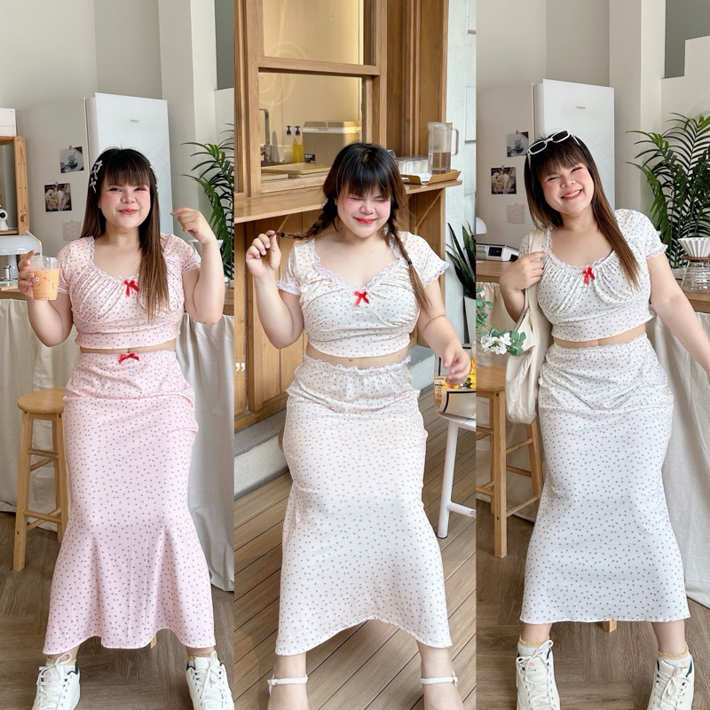 Linn Set2ชิ้น เสื้อครอปลายดอก+กระโปรงยาว plussize (มีไซซ์)
