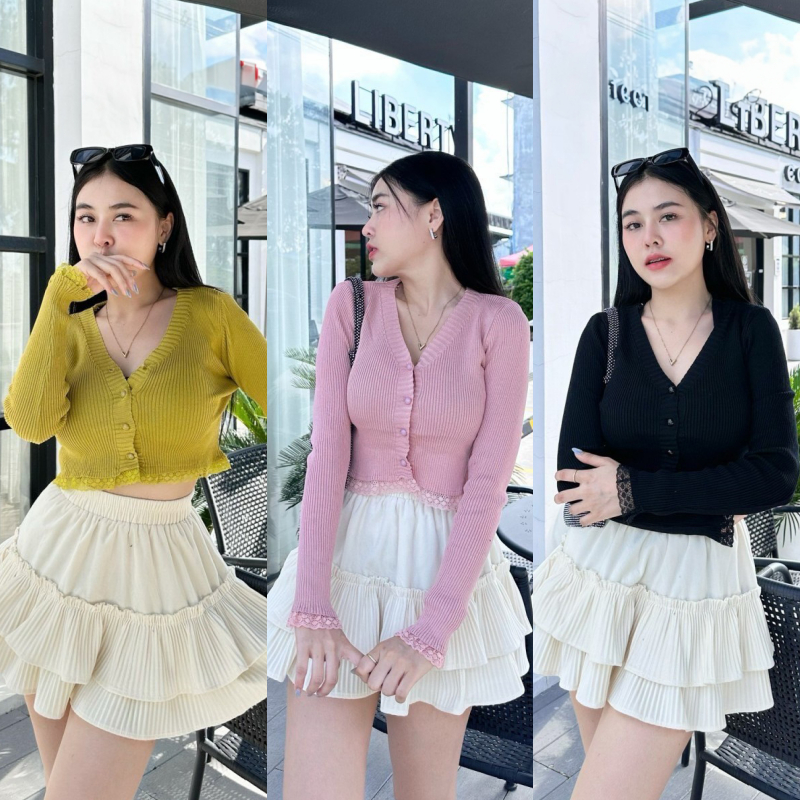 เสื้อแขนยาวคอกลม ผ้าไหมพรมยืดเยอะมาก แต่งลูกไม้เล็ก 💗 แต่งกระดุมมุก ผ้ายืดตามตัว สาวอวบใส่ได้ รุ่น ซ้อฝัน