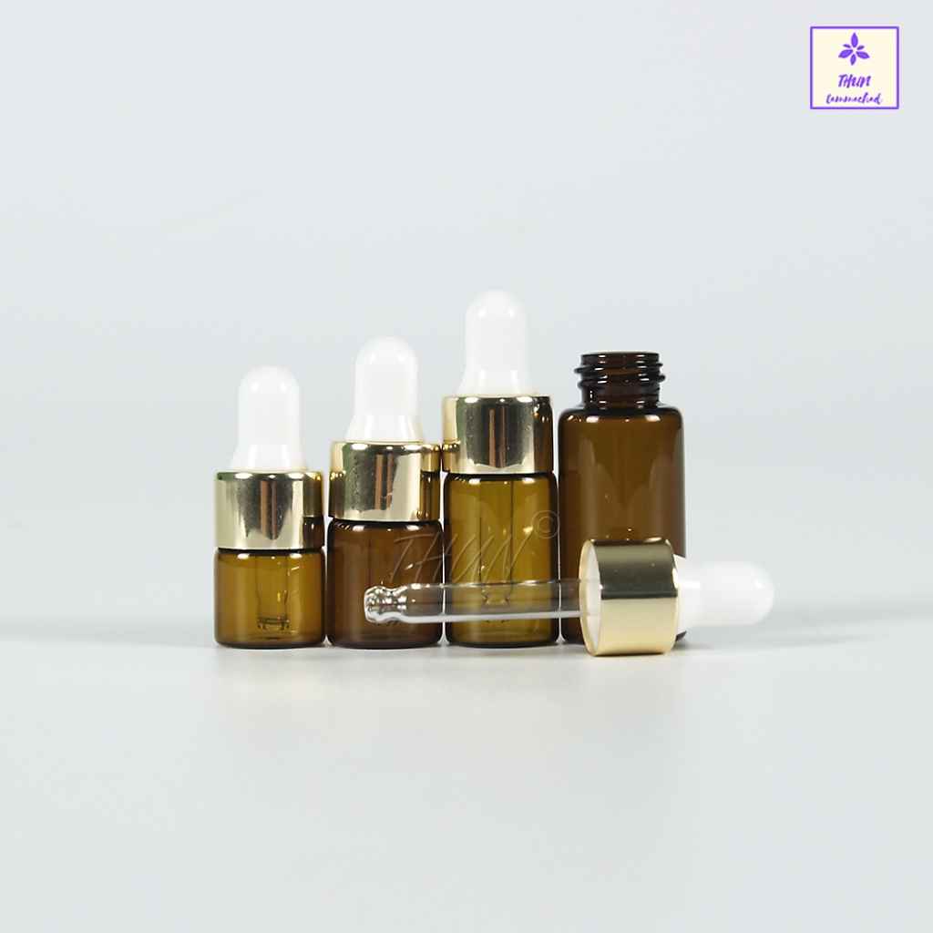 [1 ใบ / จิ๋ว] ขวดดรอปเปอร์ ขวดเซรั่ม สีชาใส ฝาขอบทอง+จุกยางขาว ใส่น้ำมันหอมระเหย  1/2/3/5/ ml