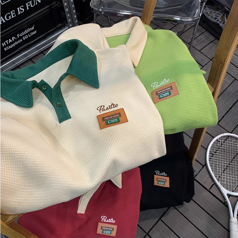 เสื้อโปโลแขนสั้นชาย งานปักอักษร ผ้าวาฟเฟิล Shirt Man Clothing สุภาพบุรุษ คอปก ผู้ชาย