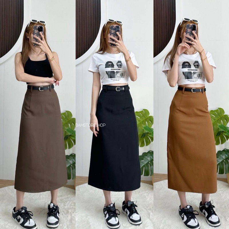 กระโปรงผ่าหลังมีหูเข็มขัด แถมฟรีเข็มขัด ผ้าบาร์บี้เปเป้ AUDY SKIRT