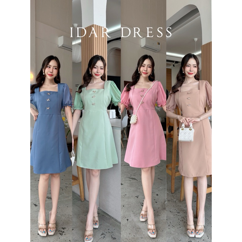 IDAR Dress เดรสออกงาน ทำงาน แฟชั่น คอเหลี่ยมแต่งแขนตุ๊กตาชีฟอง ป้าย VERA