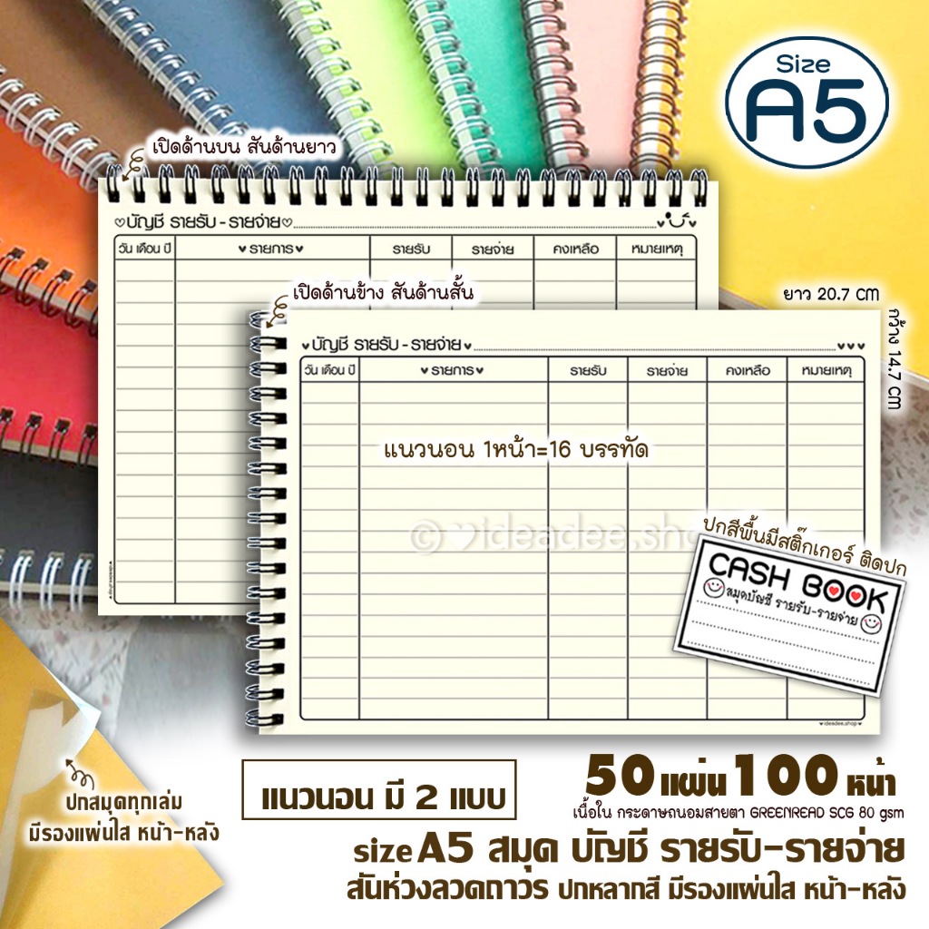 ⭕A5(เล่มเล็ก) สมุดบัญชี รับ-จ่าย ริมห่วงลวด➖แนวนอน➖ เปิด ด้าน สั้น & ยาว🌼50แผ่น=100หน้า  🌈ปกหลากสี+มีรองแผ่นใส🌈