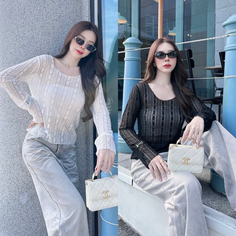 Teera❤️พร้อมส่ง✨KELLY LACE TOP💥เสื้อลูกไม้แขนยาว คอกลม ผ้านิ่ม ใส่สวย🩷ไม่คัน ลุคคุณหนู ดูแพง sheeny