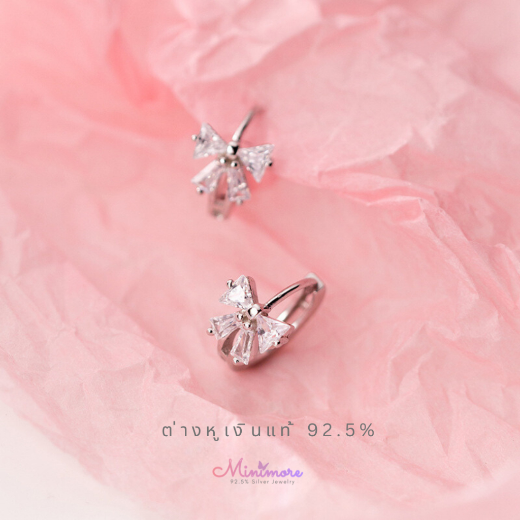 [SE437] ต่างหูห่วงเงินแท้ 92.5% รูปโบว์ประดับเพชร CZ สวยหวาน มีใบรับประกัน+กล่องจิวเวอรี่