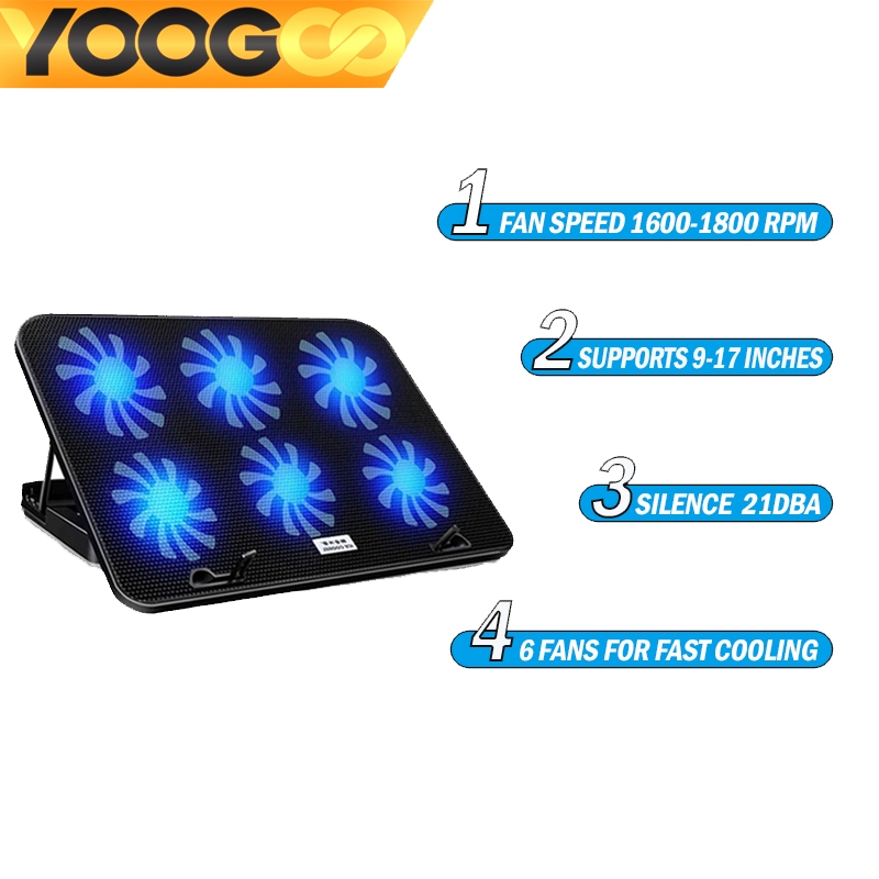 พัดลมโน๊ตบุ๊ค พัดลมรองโน๊ตบุ๊ค/ไอแพด 6 Fan ปรับระดับความสูงได้ 9"-17" พัดลมระบายความร้อนโน๊ตบุ๊ค Laptop Stand Cooler