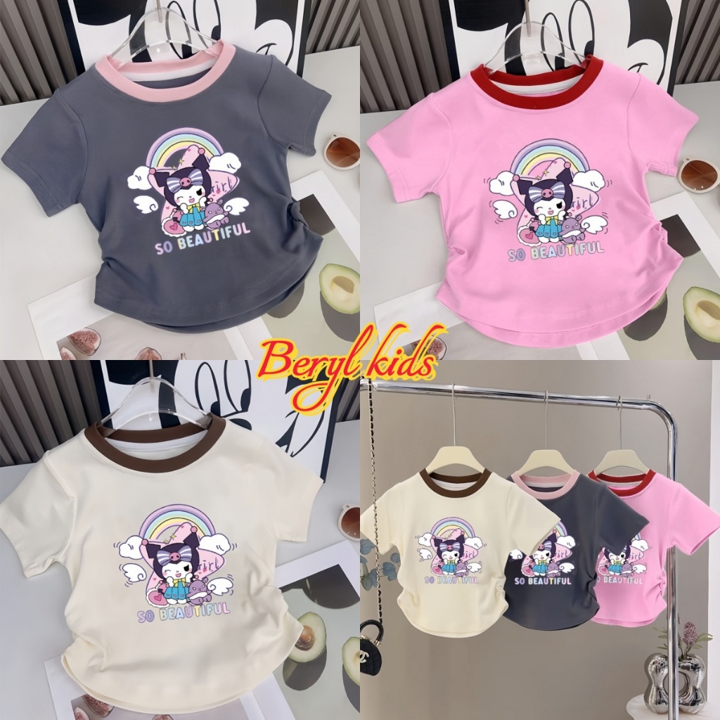 Beryl kids🌸เสื้อคอกลมแขนสั้นเด็ก🎀เสื้อยืดพิมพ์ลายการ์ตูนคุโรมิ สไตล์เกาหลี ลำลอง เสื้อจับจีบน่ารัก ใส่สบาย ฤดูร้อน