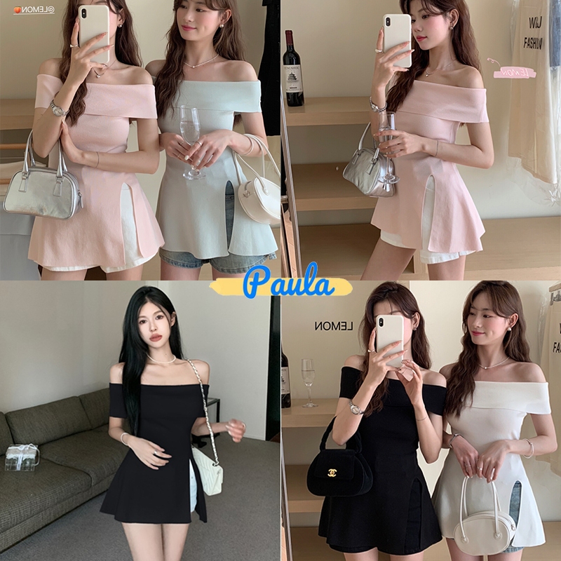 Paula พร้อมส่ง เสื้อปาดไหล่แฟชั่น เสื้อเซ็กซี่ เปิดไหล่ ผ้าไหมพรม แขนสั้น ดีเทลปลายปล่อยแหวกข้าง สีพื้น sexy lady