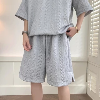 เซตเสื้อโปโลครึ่งซิป กางเกงขาสั้น ผ้าลายถักนูน 2 ชิ้น ผู้ชาย สไตล์มินิมอล ฤดูร้อนใส่สบาย