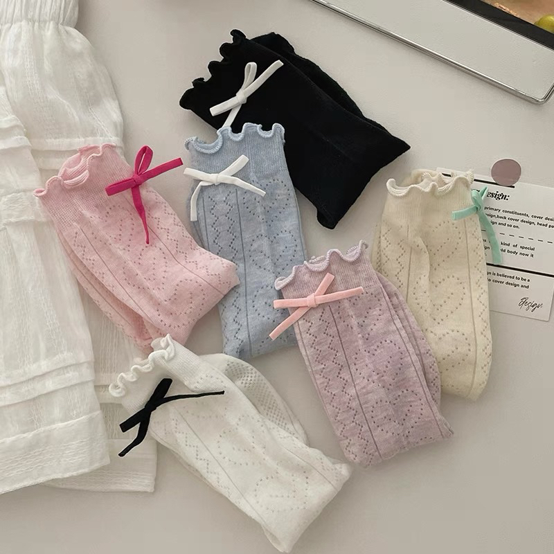 พร้อมส่ง !! ถุงเท้าเนื้อผ้าระบาย ติดโบว์หลากสี 𐙚