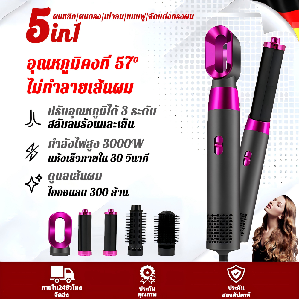 ตกแต่งทรงผมเองที่บ้านได้ ไดร์เป่าผม 5in1 เครื่องเป่าผม 3500W ลมแรงเสียงเบา หัวหวีถอดเปลี่ยนได้ ใช้งานง่าย จัดทรงติดนา