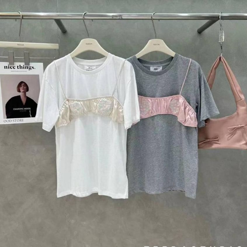TEEDA เสื้อยืด x บิกินี่ผ้าซาติน ปักดอกสีพาสเทลสวยๆ งานสวยชนช็อปเกาหลี ป้ายTEEDA