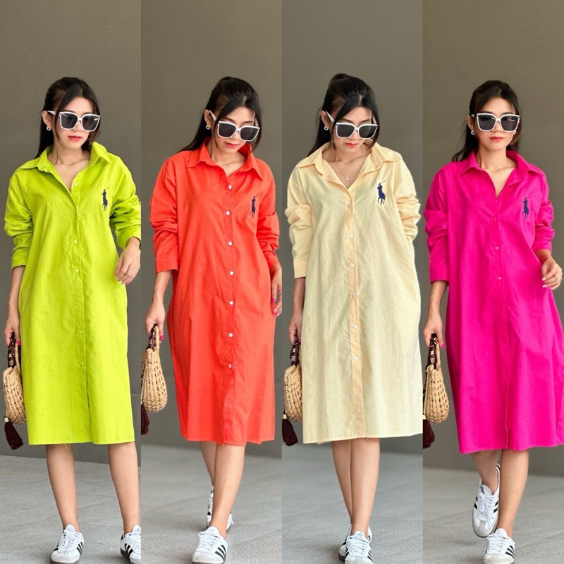 dress ชุดเดรสแขนยาวสีพื้นผ้าคอตตอนปักม้า