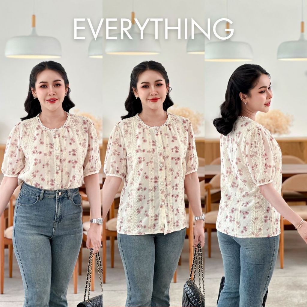 Everything2019 เสื้อผู้หญิงคอกลมแต่งลูกไม้ งานปัก แขนสั้น กระดุมหน้า ลายน่ารัก ใส่ไปเที่ยว ใส่ไปงานบุญได้ (6441)