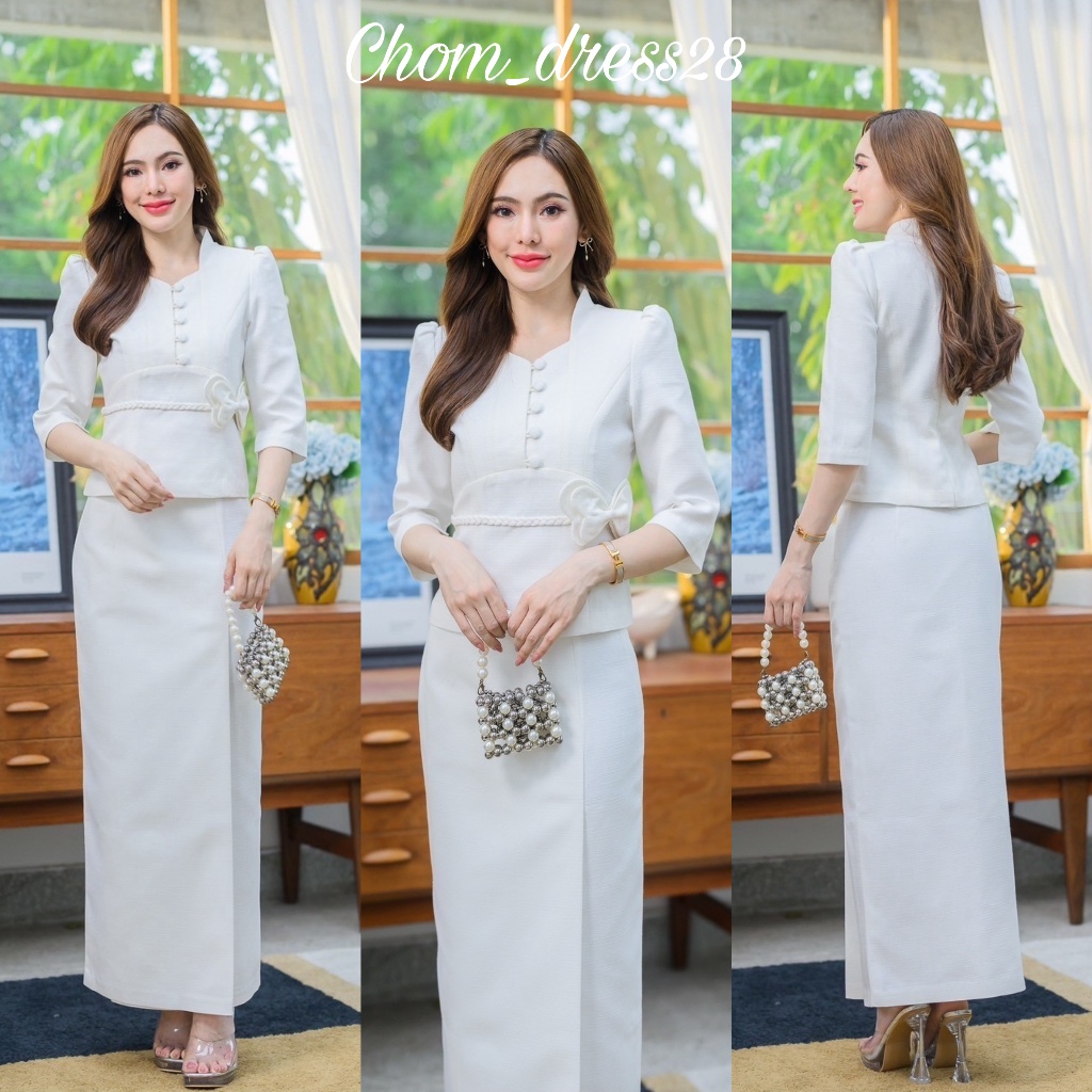 ชุดผ้าถุงสีขาว เข้าเซ็ททอ อัดกาวทั้งชุดพรีเมี่ยมA89