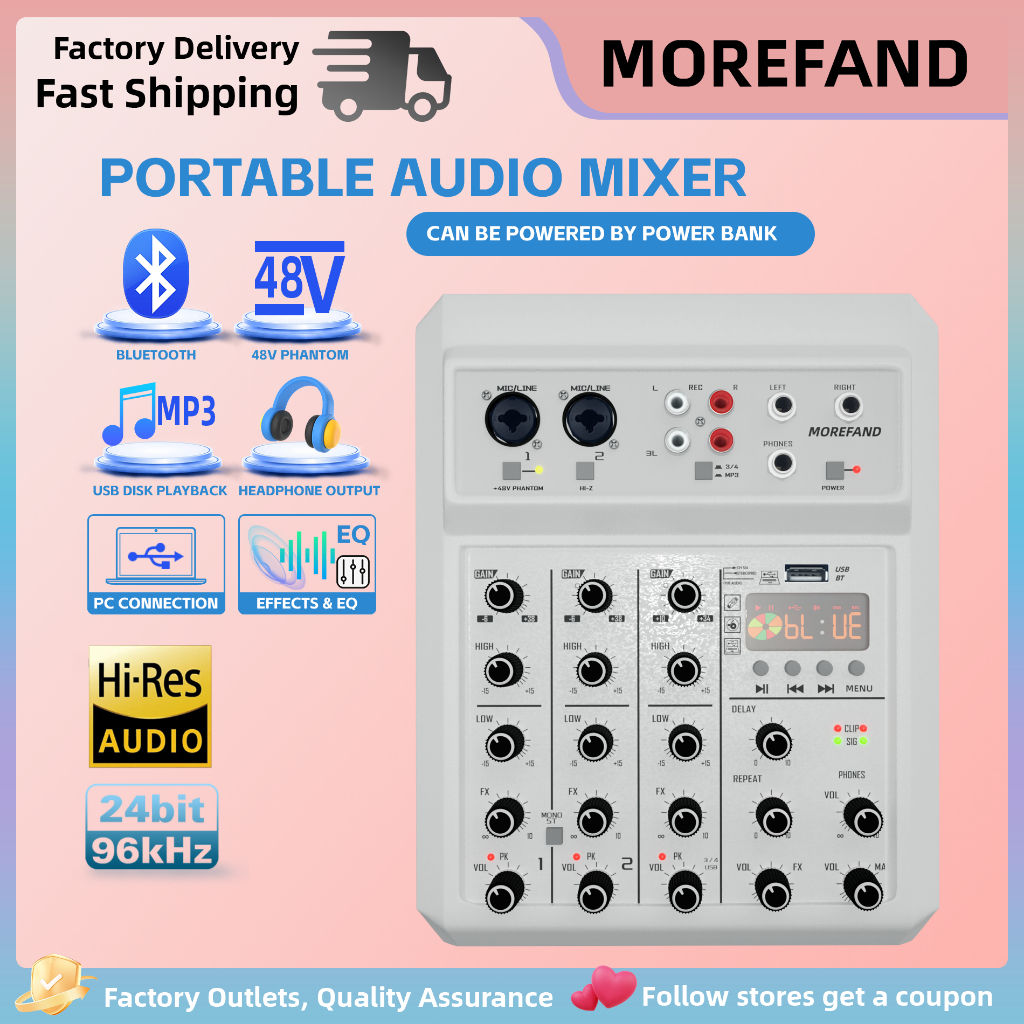 MINI Audio mixer เครื่องผสมเสียงมินิแบบพกพา สามารถใช้สำหรับเชื่อมต่อบลูทูธเล่น ตัวผสมเสียง