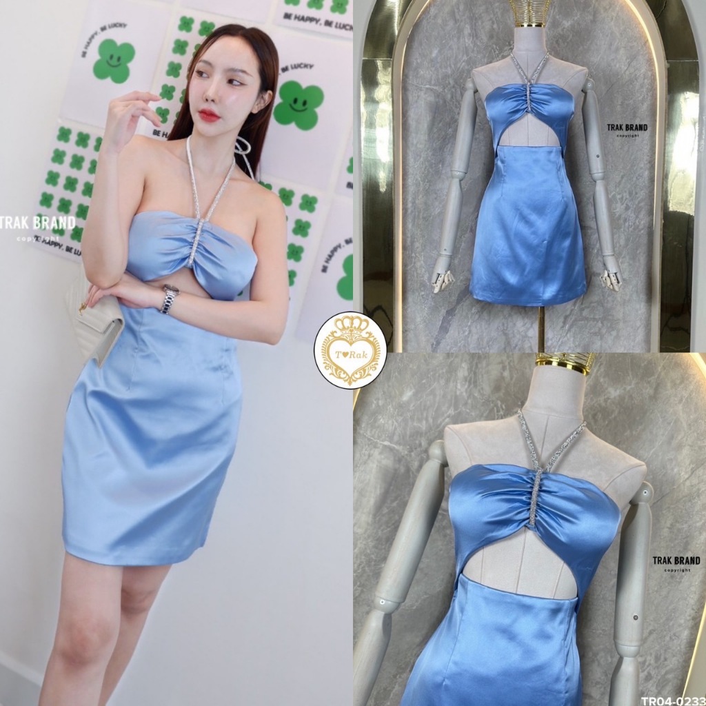 TAG : T-RAK Size M TR04-0233 เดรสสั้นคล้องคอแต่งสายเพชร ช่วงอกเสริมฟองน้ำ
