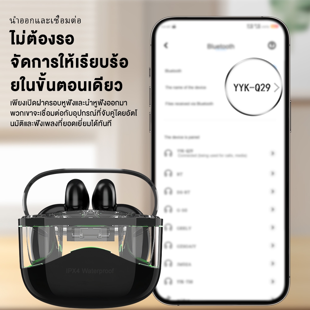 SANSONIC หูฟังบลูทูธไร้สาย หูฟังไร้สาย หูฟังบลูทูธ สําหรับเล่นเกม Bluetooth 5.4 เคสโปร่งใส ตัดเสียงรบกวน รุ่น YYK-Q29