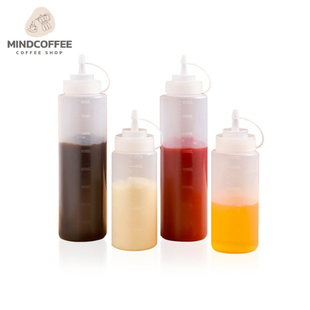 ขวดบีบ PEหนา ขวดซอส มีฝาปิด Sauce bottle 240/350/450/650/800/1000ml MindCoffee
