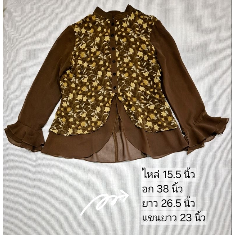 JFashion-NK004 เสื้อแฟชั่นวินเทจ มือ 2 ผ้าชีฟองลายดอกไม้สีน้ำตาล