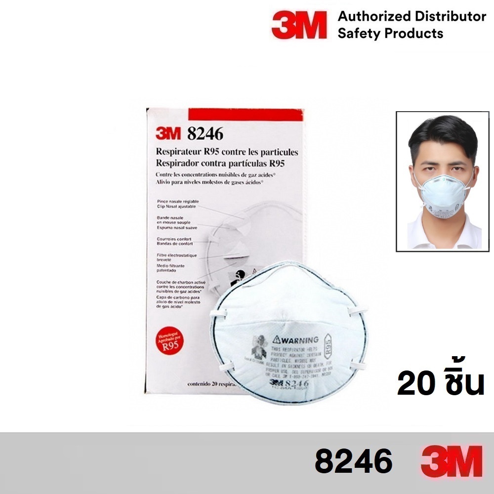 3M 8246 R95 (20ชิ้น) หน้ากากป้องกันฝุ่น ป้องกันฝุ่น PM2.5 & สารเคมีไอกรดอ่อน