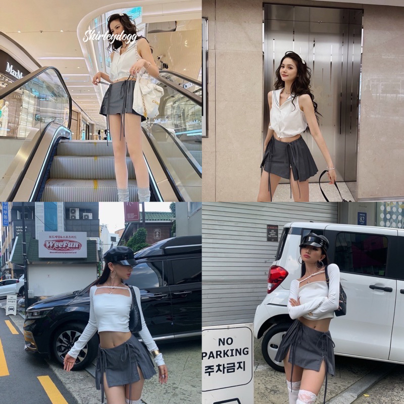 กระโปรงสั้นเอวยืด อัดจีบหลัง แต่งซิป+ผ่าหน้า ผูกโบว์เก๋ๆ ฟรีไซส์#68 - รูปที่ 5