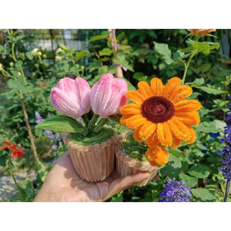 กระถาง ดอกทานตะวัน เดซี่ ลิลลี่ ทิวลิป diy จากลวดกำมะหยี่