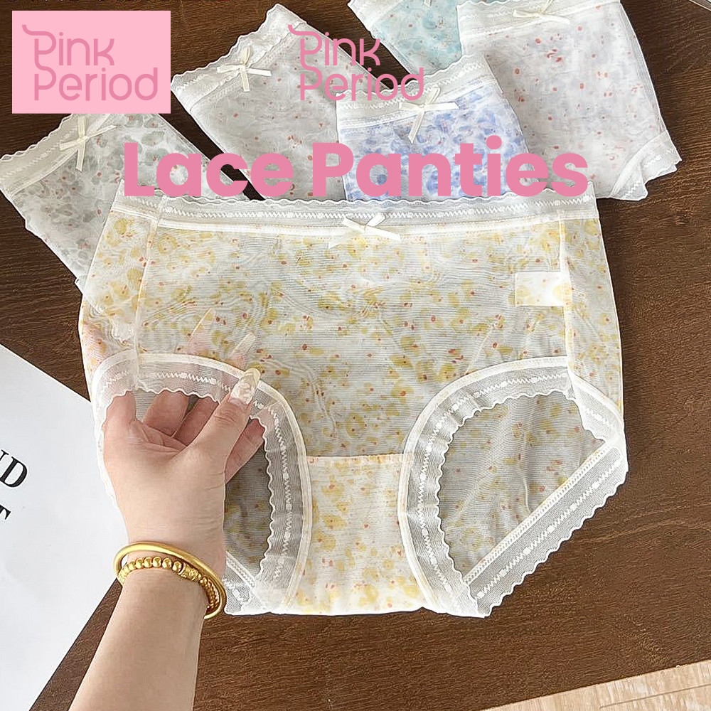 Pink Period🎀กางเกงในลูกไม้ กางเกงในหญิง เเต่งโบว์ ผ้านิ่ม เอวยางยืด เซ็กซี่ ระบายอากาศ กางเกงชั้นในสไตล์เกาหลี น่ารัก