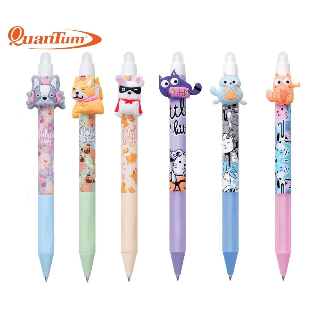 ปากกาลบได้ ตรา Quantum หมึกสีน้ำเงิน 0.5 มม. เปลี่ยนไส้ได้ ลายน้องหมา น้องแมว World Cat Day French Bulldog ปากกาเจลลบได้