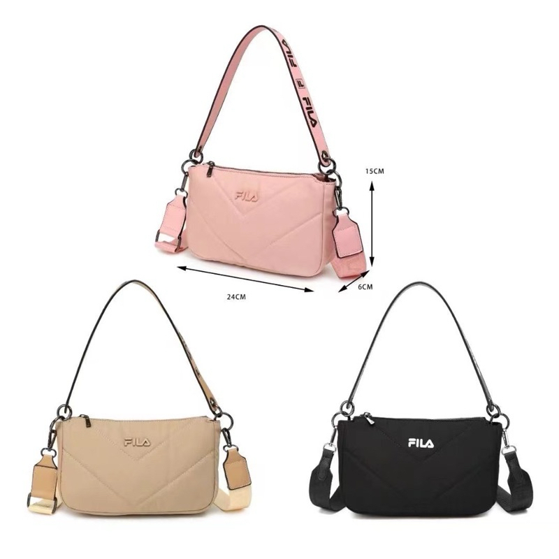 3 สีใหม่ กระเป๋า fila ทรงพอชลายวีผ้าไนล่อนนุ่ม มี 2 สาย