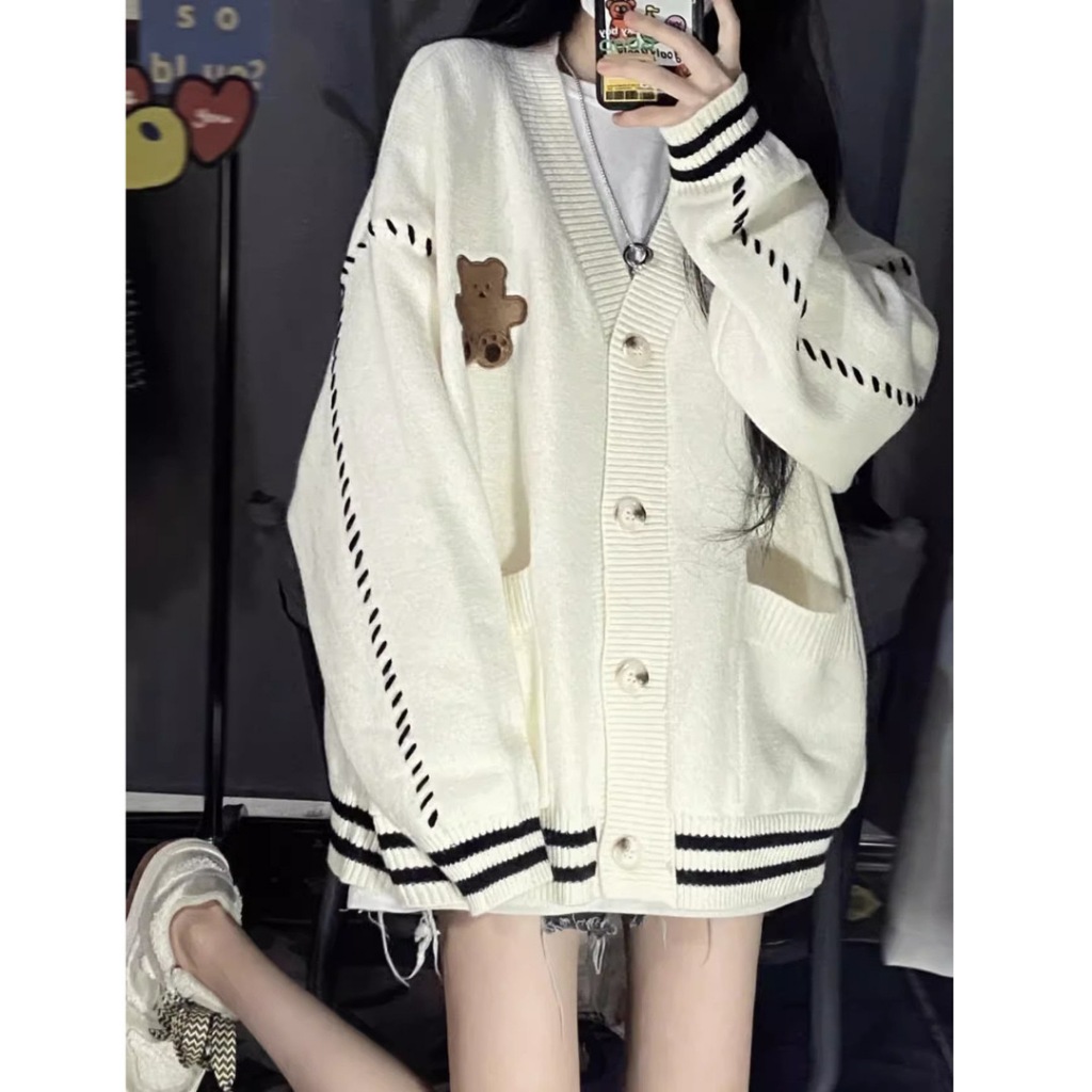 เสื้อคลุมคาร์ดิแกน ปักลายหมี น่ารัก เนื้อผ้านิ่ม สวมใส่สบาย รุ่นใหม่