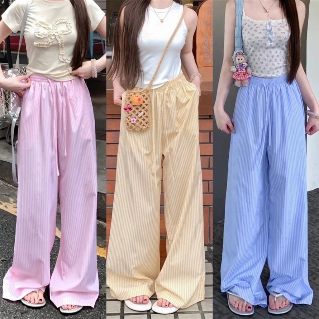 กางเกงลายริ้ว กางเกงขายาว ทรงหลวม ผ้าเย็นสบาย สาวอวบใส่ได้ #191123