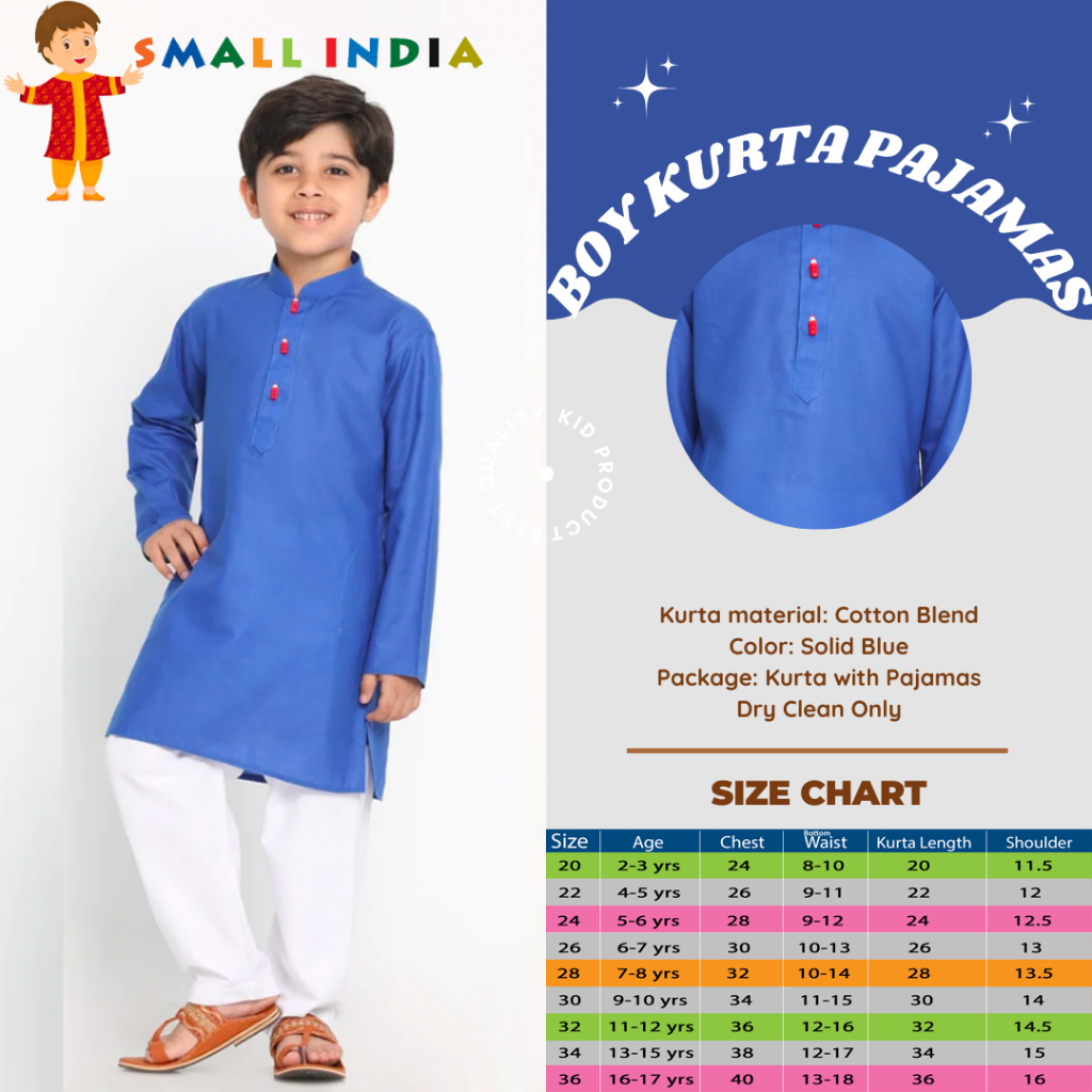 {**ส่งฟรี**} SMALL INDIA 🥏🌟 Kids Boy Solid Blue & White Kurta Pajamas 🥏🌟 Boy Kurta Pajamas